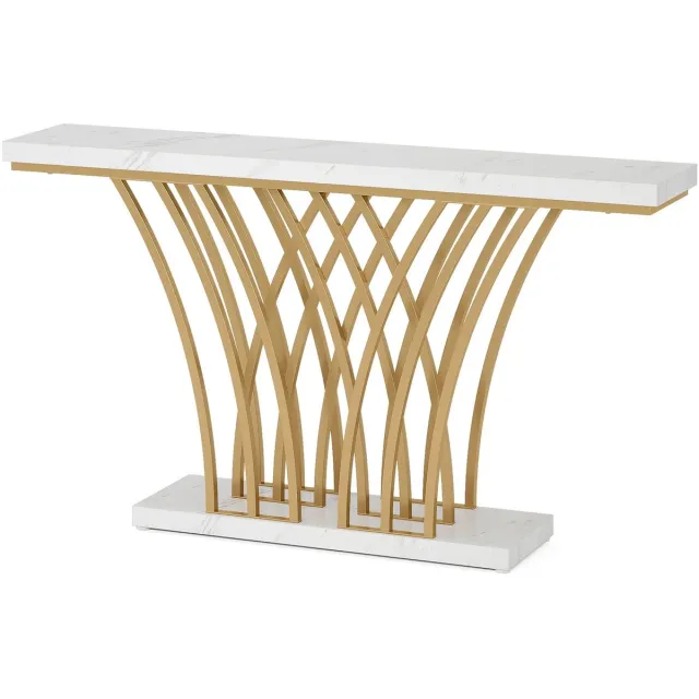 Questyr Gouden Consoletafel - Moderne Toegangstafel Met Rastervormige Metalen Voet Voor Ingang - Gang - Ingang wit / goud