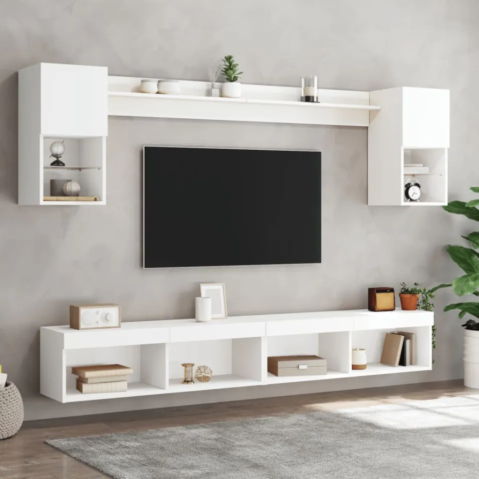 vidaXL 6-delige Tv-wandmeubelset met LED-verlichting bewerkt hout wit, foto 3