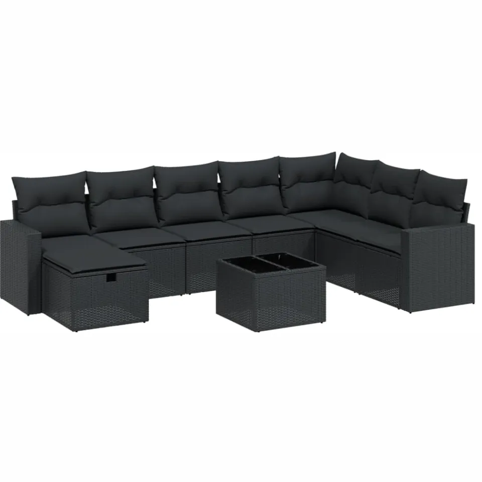 vidaXL 9-delige Loungeset met kussens poly rattan zwart