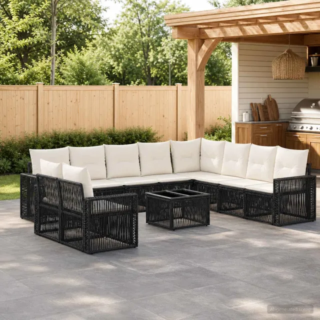 vidaXL Tuinbankenset 11 st 10-zits Zwart en Cream Wit poly rattan, foto 2
