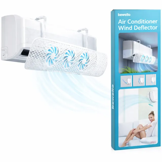 Bewello Windscherm voor Airco - Windgeleider Universeel 55 t/m 88 cm - (Met 3 Ventilatoren - Draaibaar + Kantelbaar) - Airconditioning Luchtverdeler Deflector Flap - Windafleider - Luchtscherm [BW4010] Wit