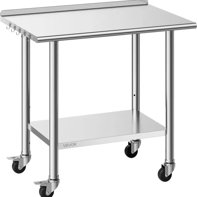 Vevor Roestvrijstalen Tafel voor Restaurants, 915 X 610 X 894 mm, Verstelbare Roestvrijstalen Tafel met Wielen, Opstaande Rand (30 mm), Werktafel met Onderblad voor Restaurants, Bovenste Blad (227 kg), Onderste Blad (191 kg) Zilver