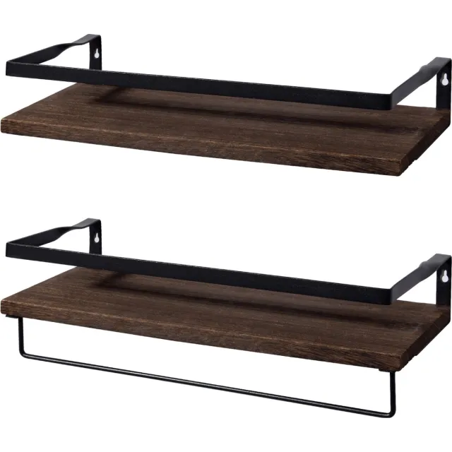 Uten Zwevende Wandplank - 2 Stuks - 42cm - Handdoekhouder - Industrieel - Hout - Bruin/Zwart