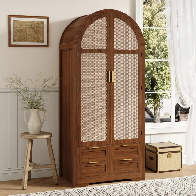 STILVORA Kledingkast - Gebogen Deuren met Rotanpanelen - Kledingstang en Lades voor Slaapkamer en Hal - MDF - 80x50x180 cm - Walnootkleur
