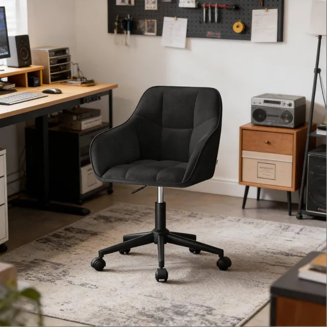REDOM Bureaustoel - Ergonomische rugleuning en vaste armleuningen - 360° draaibaar en in hoogte verstelbaar - Met wielen - Metaal en velvet - Zwart - 48-57 cm