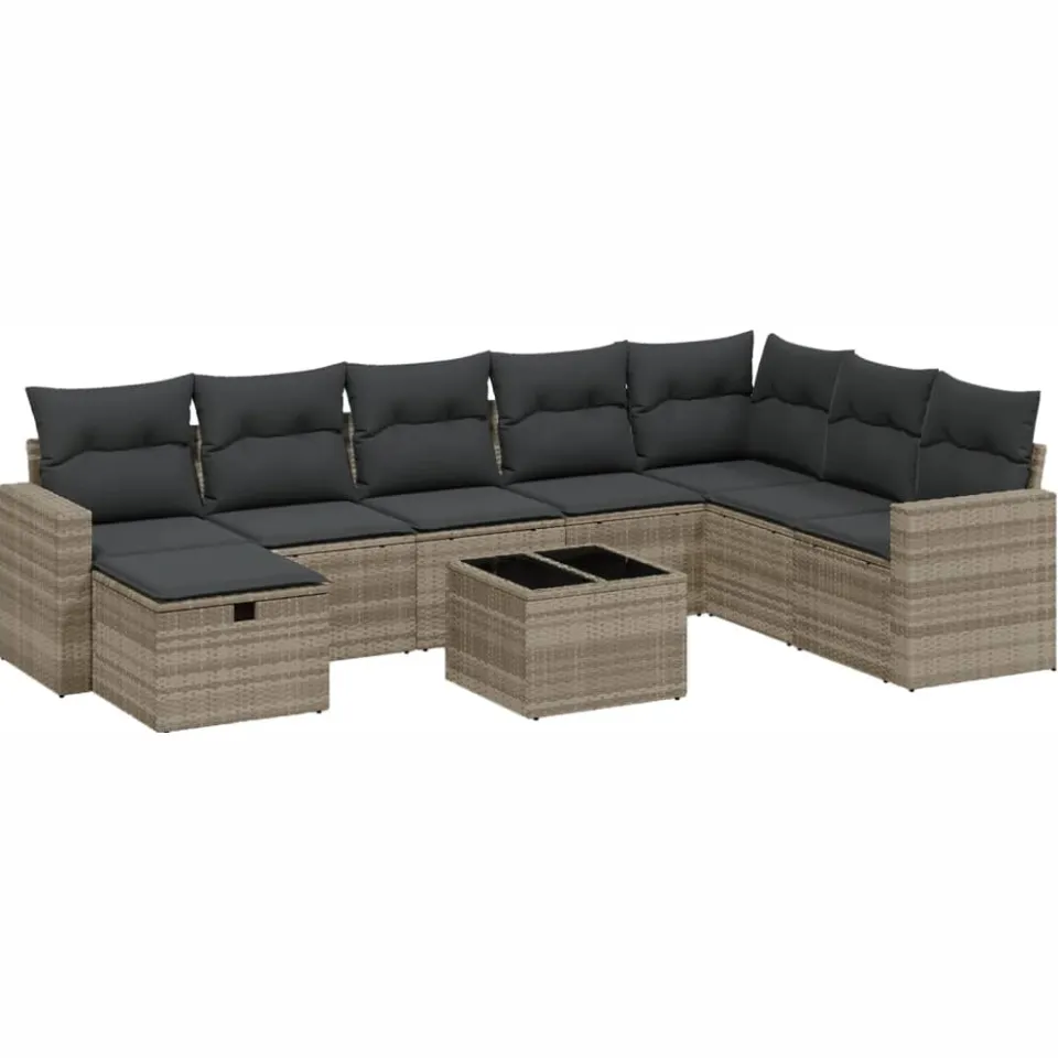 vidaXL 9-delige Loungeset met kussens poly rattan lichtgrijs grijs