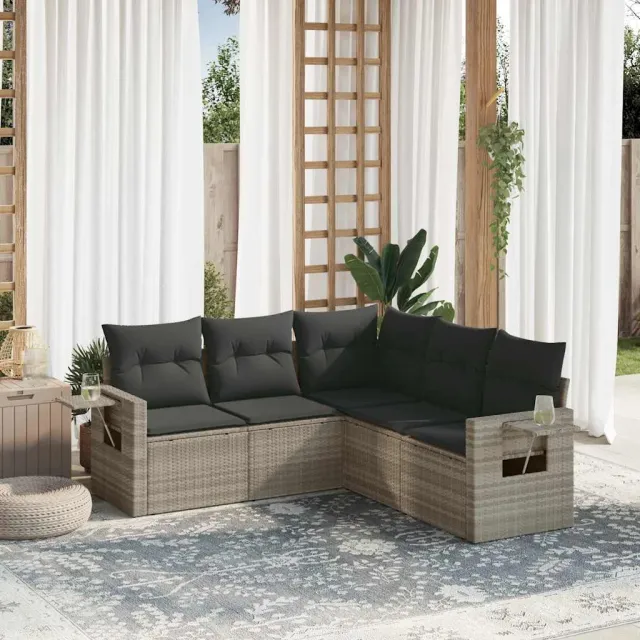 vidaXL 5-delige Loungeset met kussens poly rattan lichtgrijs grijs