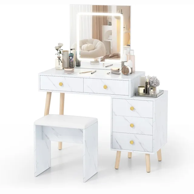 Costway Schminktafel met LED-spiegel, bijzetkast & gevoerde kruk, make-uptafel met 3 lichtstanden, 5 laden, kaptafelset marmerlook & eikenhouten poten, 100 x 45 x 130 cm Wit + Natuur