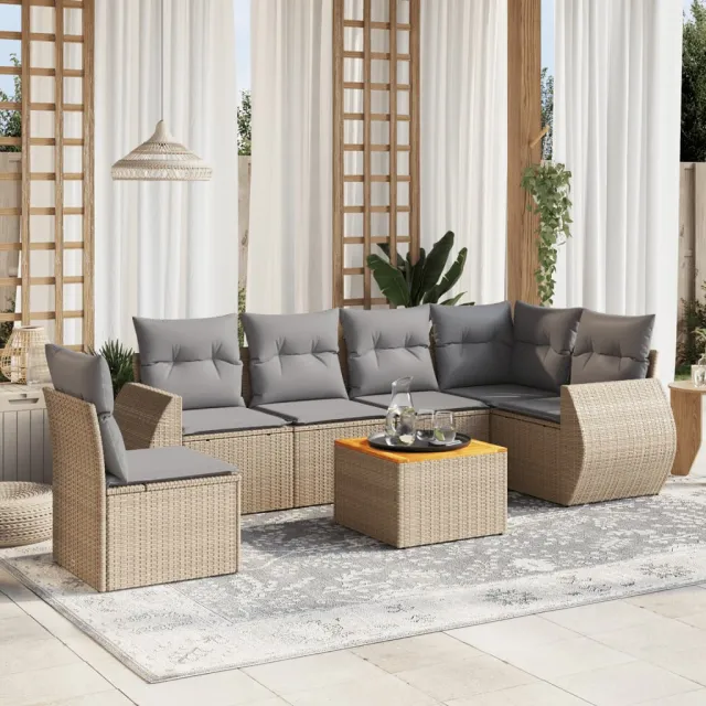 vidaXL 7-delige Loungeset met kussens poly rattan beige, foto 2