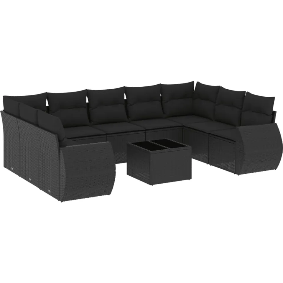 vidaXL 10-delige Loungeset met kussens poly rattan zwart