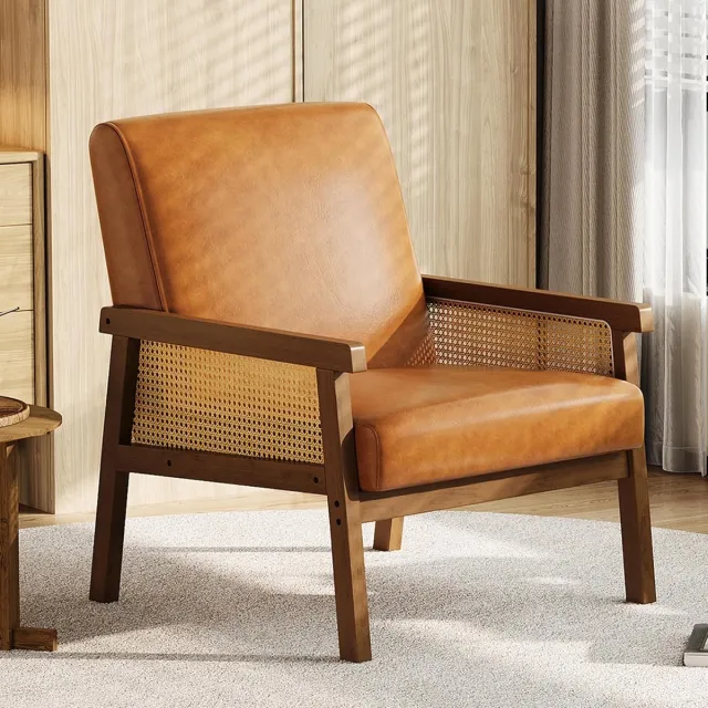 HOERFURIY Luxe PU-Leren Fauteuil met Rotan Armleuningen - Houten Frame & Hoge Rugleuning - Vintage Leesstoel - Bruin