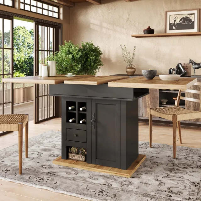 Wishdor Uitschuifbare eettafel - Met lade en wijnrek - Opklapbaar en uitbreidbaar - Modern - Woonkamer keuken eetkamer - MDF en metaal - Zwart naturel - 110 x 80 x 75 cm