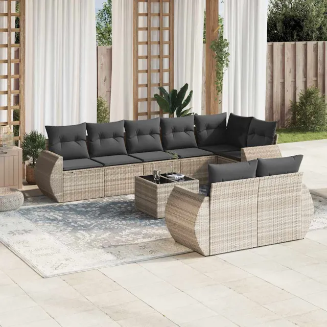 vidaXL 9-delige Loungeset met kussens poly rattan lichtgrijs grijs