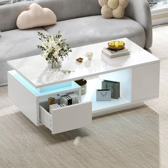 Clruro Salontafel - 100x50x36 cm - LED en 4 Open Vakken - Hoogglans met Uniek Design - MDF - Wit