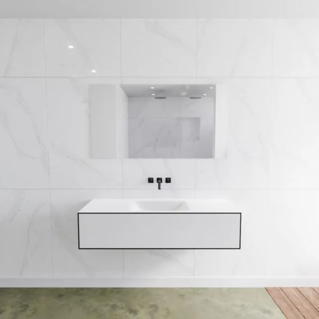 Mondiaz Badkamermeubelset Mondiaz LAGOM 130 cm met Gecentreerde Wastafel Solid Surface Zonder Kraangaten Mat Wit (1 lade)