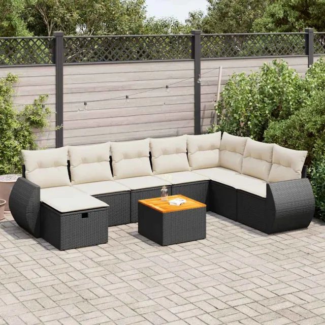vidaXL 9-delige Loungeset met kussens poly rattan zwart, foto 2
