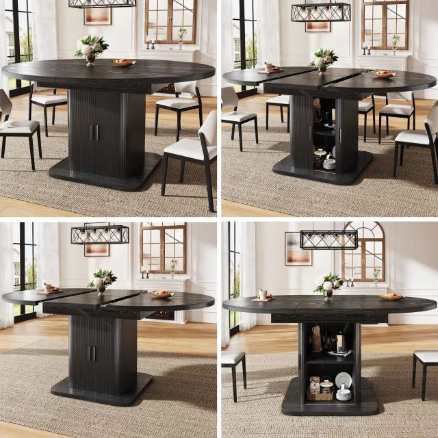 Clruro Eettafel - 110–149,8×110×75 cm - Uitschuifbaar - Opbergkast met Schuifdeuren - MDF Zwart