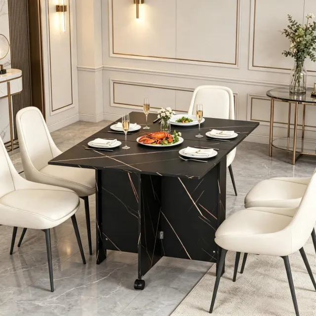 MIVRAY Eettafel - Opklapbaar En Uitschuifbaar Met Vergrendelbare Wielen - Ruimtebesparend Voor Keuken En Woonkamer - Zwart Marmerlook - 120 x 80 x 73 Cm