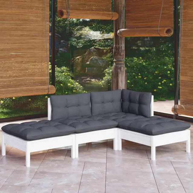 vidaXL 4-delige Loungeset met kussens massief grenenhout wit, foto 2
