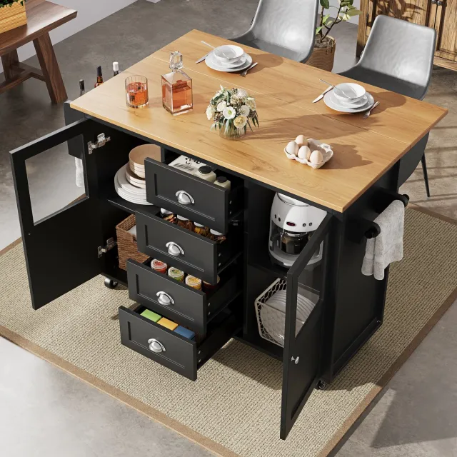 DESMIU Keukenwagen - Uitklapbaar Eiland Met Opbergruimte En Wielen - Voor Koken, Eten En Extra Werkruimte - MDF En Metaal - Zwart - 137,9 X 73 X 92,5 Cm