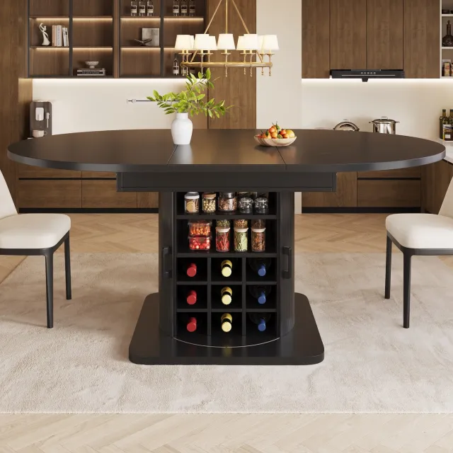 Sweiko Uitschuifbare Eettafel - 118/158 x 118 x 76 cm - MDF-tafelblad - Met opbergruimte - Zwart