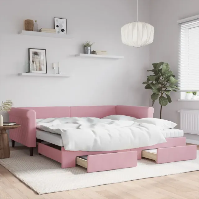 vidaXL Slaapbank met onderschuifbed en lades 100x200 cm fluweel roze