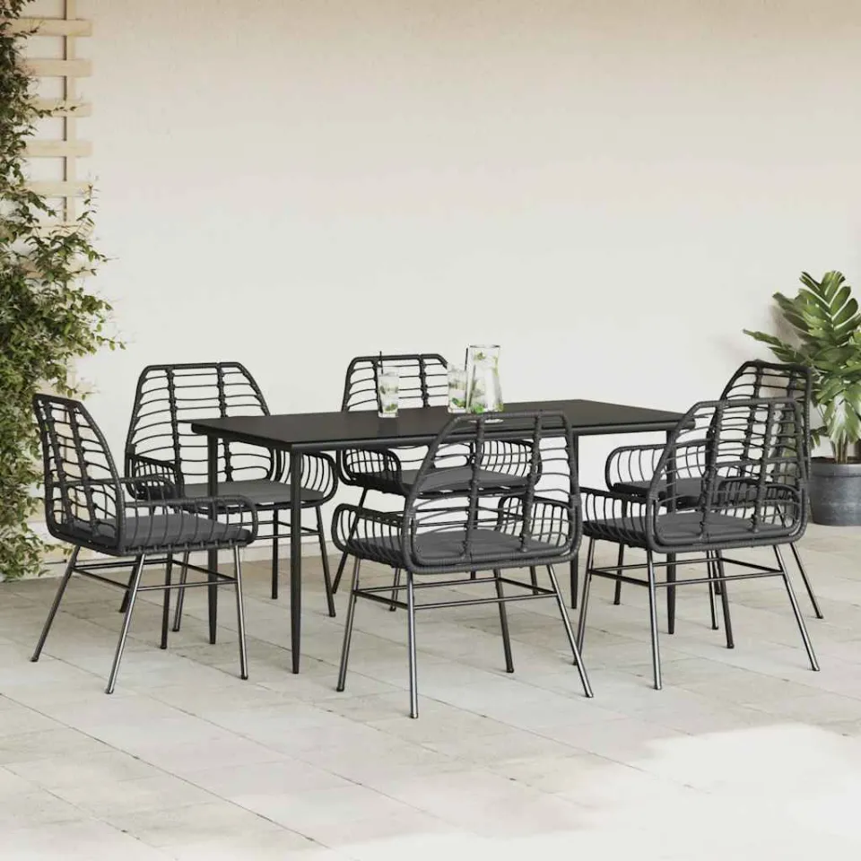 vidaXL 7-delige Tuinset met kussens poly rattan glas zwart, foto 2