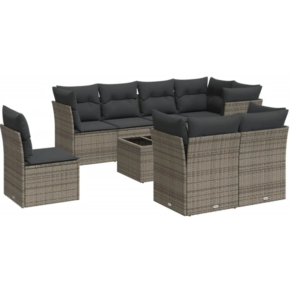 vidaXL 9-delige Loungeset met kussens poly rattan grijs
