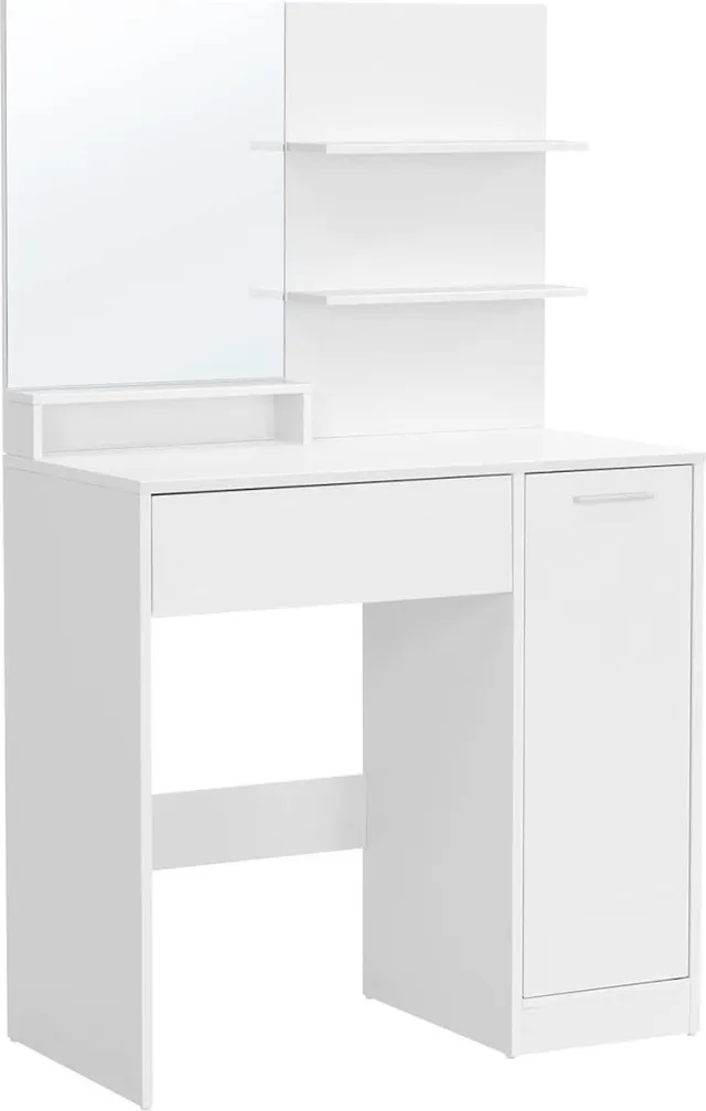 Vasagle Kaptafel, kaptafel met spiegel, 1 lade, 2 planken, opbergkast, make-up organizer, wit
