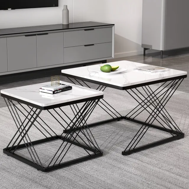 CHICFURN Salontafel 60 cm - 2-delig - hoogglans marmoreffect - set van 2 - woonkamer - MDF - wit zwart
