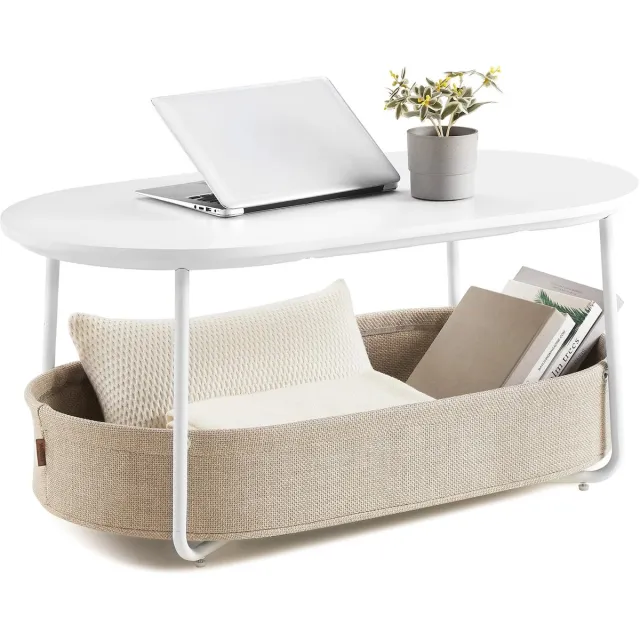 M Goods M-Goods - Ovale Salontafel met Opbergruimte - Moderne Salontafel - Salontafel Wit - Stoffen Opbergmand - 100 x 55 cm