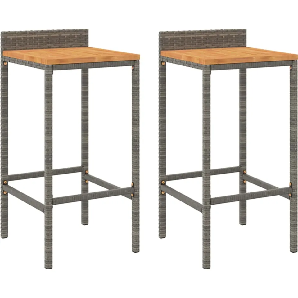 vidaXL Barkrukken 2 st poly rattan en massief acaciahout grijs, foto 3