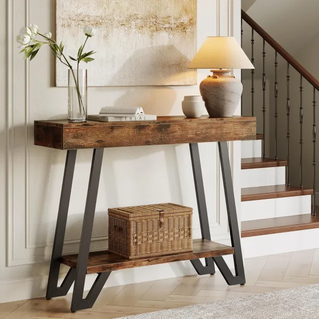 Tribesigns Consoletafel - Sidetable - Hout - Bruin - Industrieel - 103 x 30 x 80 cm - Console Tafel voor Hal, Woonkamer, Entree