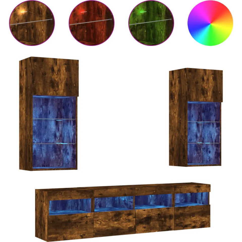 vidaXL 5-delige tv-wandmeubelset met LED bewerkt hout gerookt eiken Bruin
