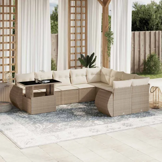 vidaXL 10-delige Loungeset met kussens poly rattan beige, foto 2