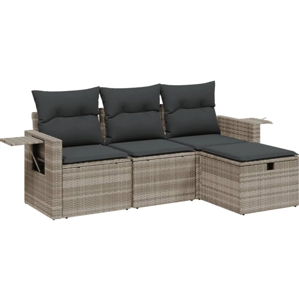 vidaXL 4-delige Loungeset met kussens poly rattan lichtgrijs grijs, foto 3