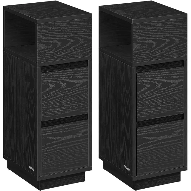 FurnStar Nachtkastje - Set van 2 - Smal - Bijzettafel met 2 laden - Open vak links of rechts monteerbaar - Voor slaapkamer en woonkamer - Ebbenzwart Zwart Double