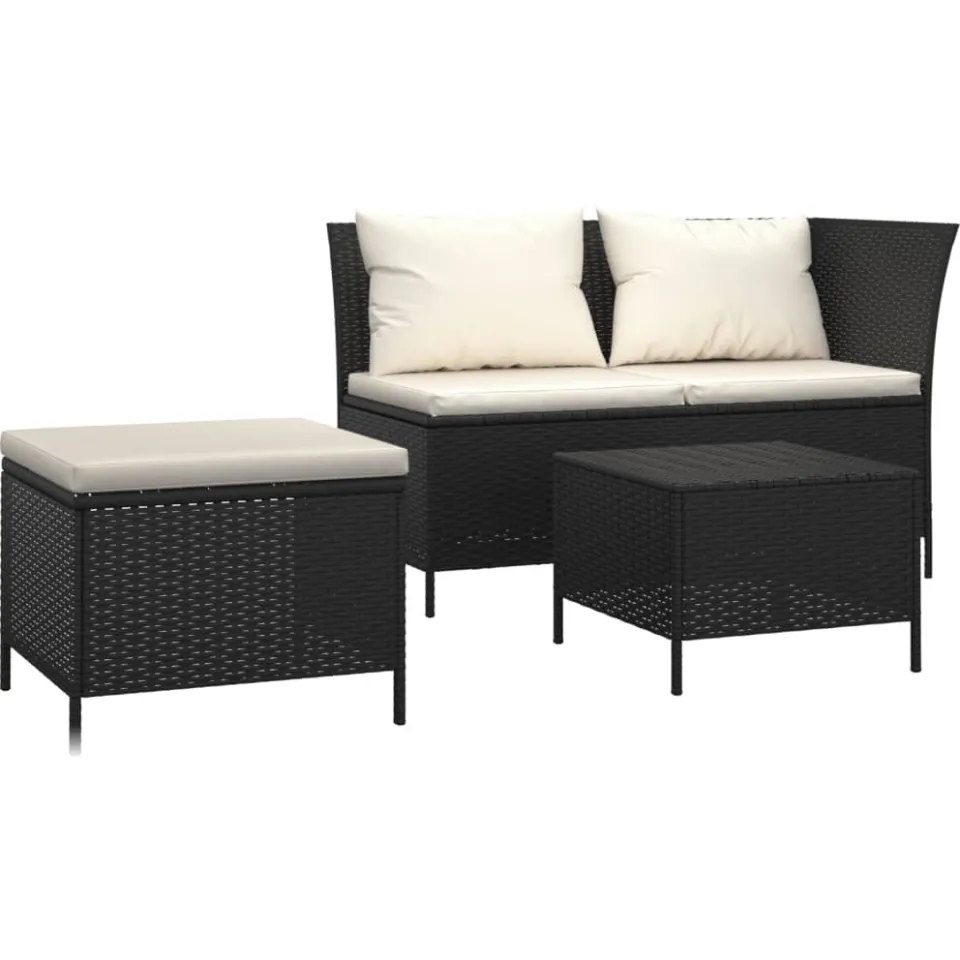 vidaXL 3-delige Loungeset met kussens poly rattan zwart
