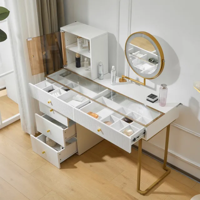 Gutent Kaptafel, Wit (Zonder kruk), met LED-lichtspiegel, Blad van helder gehard glas, afmetingen: 120 x 45 x 115 cm
