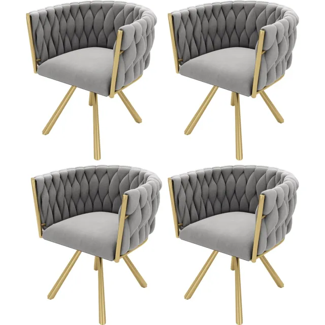 Merax Luxe Fluwelen Eetkamerstoelen Set van 4 – Grijs en Goud – 360° Draaibaar - Ergonomisch Ontwerp en Stalen Poten