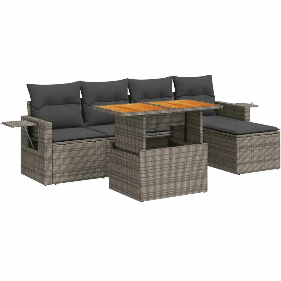 vidaXL 6-delige Loungeset met kussens poly rattan grijs, foto 3