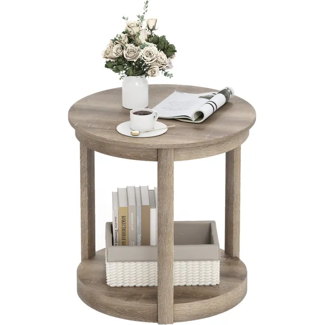 Costway Ronde salontafel met 2 niveaus, banktafel van rubberhout, kafeetafel, bijzettafel in landhuis, tafel voor woonkamer, slaapkamer, ontvangstruimte (grijs)