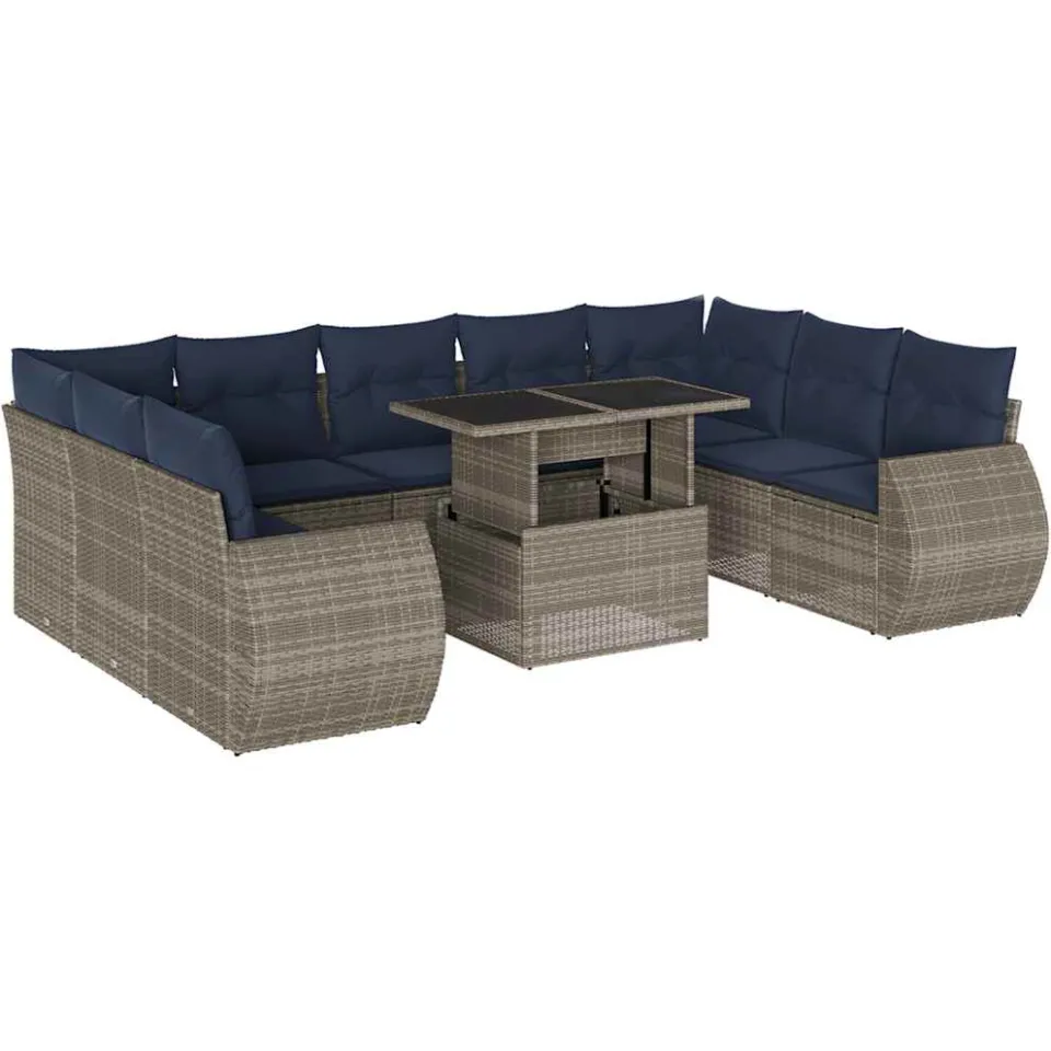 vidaXL 10-delige tuinbankset met kussens, grijs polyrotan, foto 3