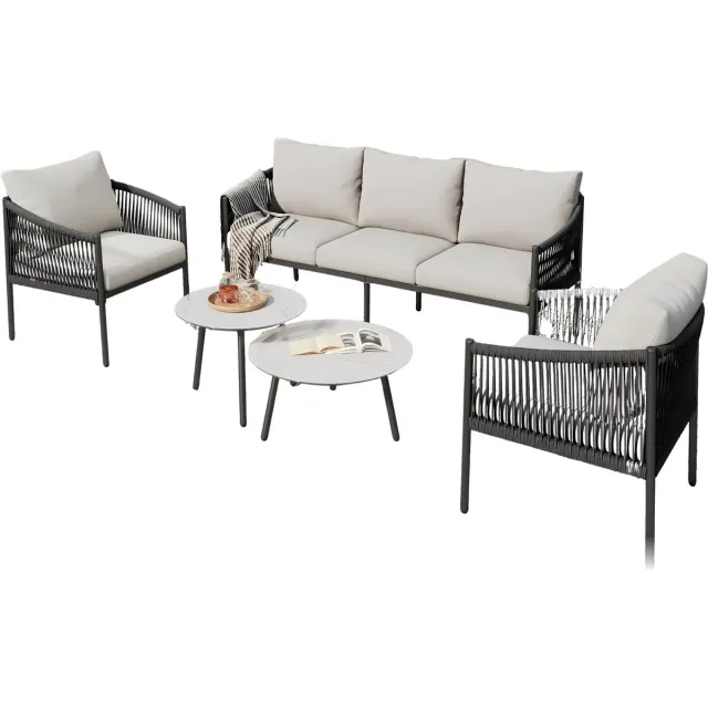 Happiq Tuinmeubelset - Loungeset - Tuinlounge Lounge Set - 3-zits Sofa met Fauteuils & Banktafels - Handgevlochten Touw & Marmeren Glasplaat - Grijs Stalen Frame Creme