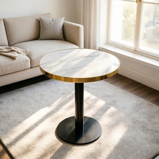 MIVRAY Bijzettafel - Ronde Tafel Met Marmerlook En Gouden Rand - Modern Voor Woonkamer Of Slaapkamer - MDF En RVS - 60x60x74 Cm - Wit