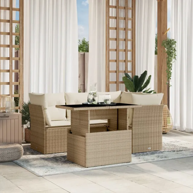 vidaXL 5-delige Loungeset met kussens poly rattan beige, foto 2