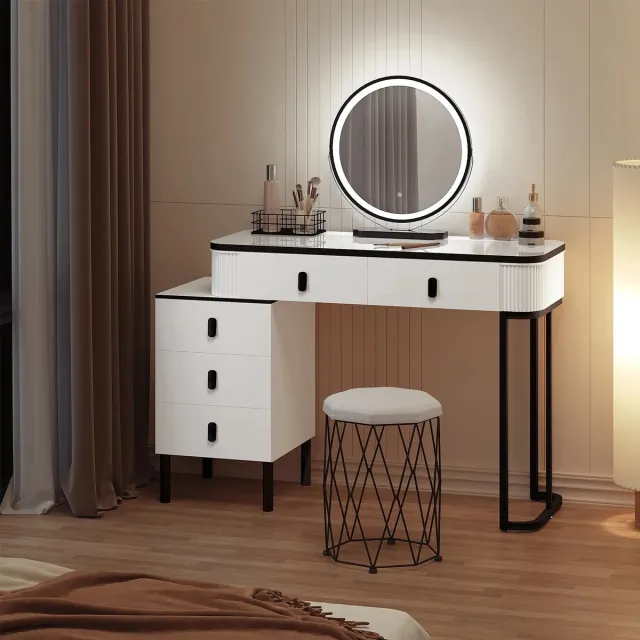 DHN Kaptafel Met Led Verlichting Spiegel en Kruk - Make-up tafel met lef spiegel - Make-Up Tafel Wit met Zwart Wit - Zwart