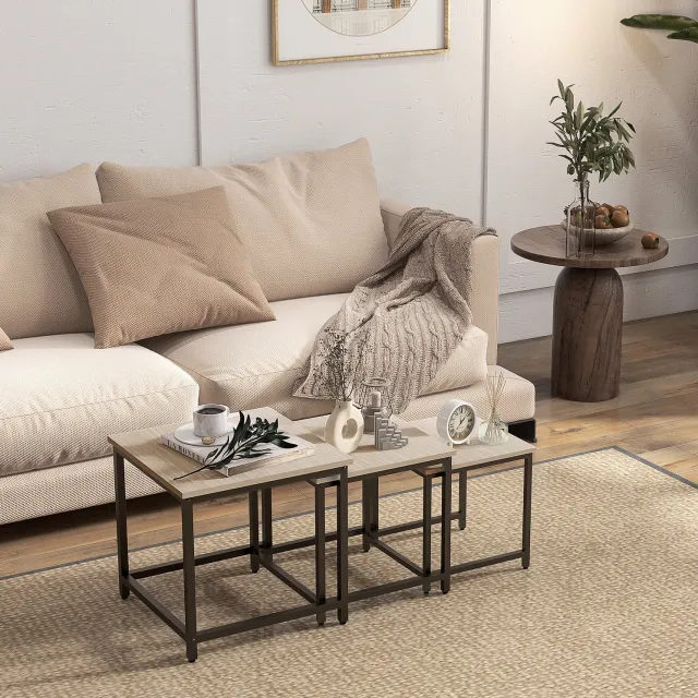 MODENUIT Bijzettafelset - Drie Nesttafels Voor De Woonkamer - Spaanplaat En Zwart Staal - 45x45x44 Cm