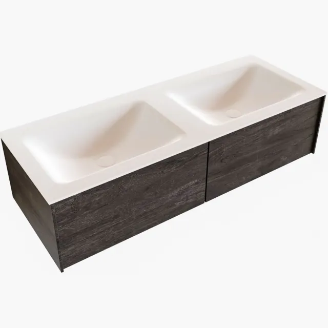 Boss & Wessing Badkamermeubel BWS Madrid Dark Brown 120x45x30 cm Mat Witte Solid Surface Wastafel Dubbel (2 lades, 2 kraangaten)