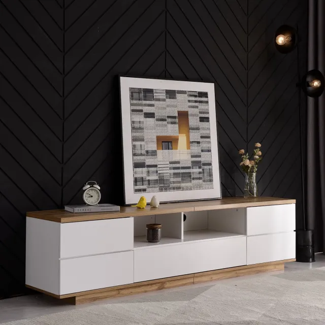Clruro TV-Meubel 180 cm - Lowboard Met Kleurblok Ontwerp En Houtnerf - Strak Design - Onbekend - Wit